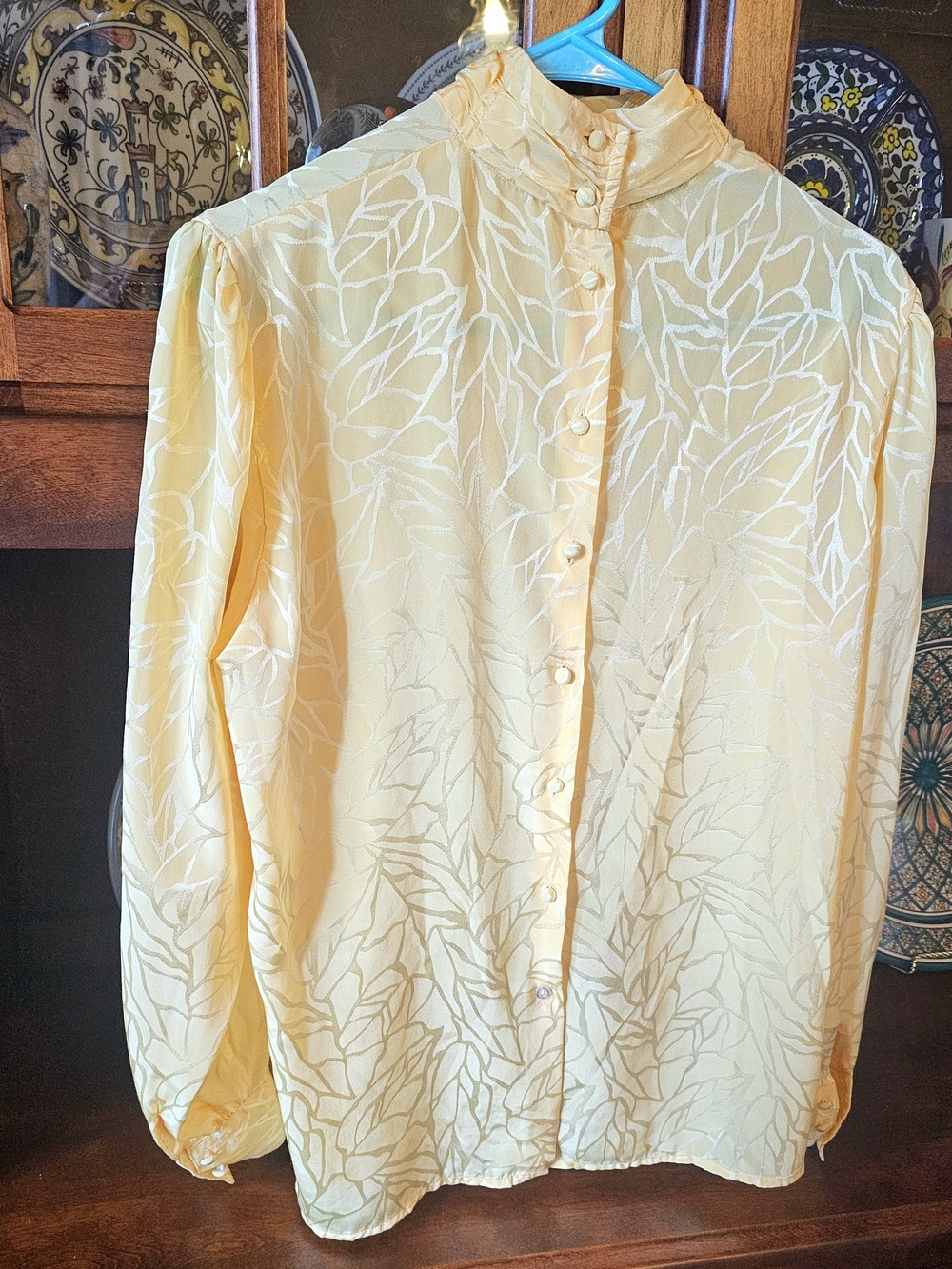 Vintage 1980's Light Yellow Silk Leaf-Pattern Button-Up Blouse